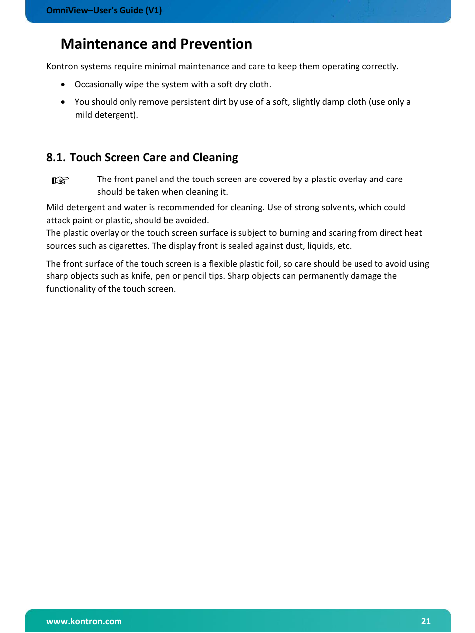 Maintenance and prevention, Touch screen care and cleaning | Kontron OmniView User Manual | Page 22 / 35