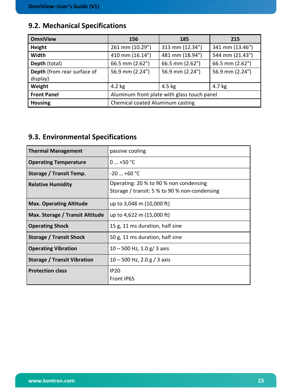 Mechanical specifications, Environmental specifications | Kontron OmniView User Manual | Page 24 / 35