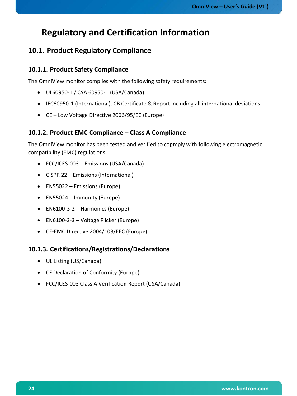 Regulatory and certification information, Product regulatory compliance, Product safety compliance | Product emc compliance – class a compliance, Certifications/registrations/declarations | Kontron OmniView User Manual | Page 25 / 35