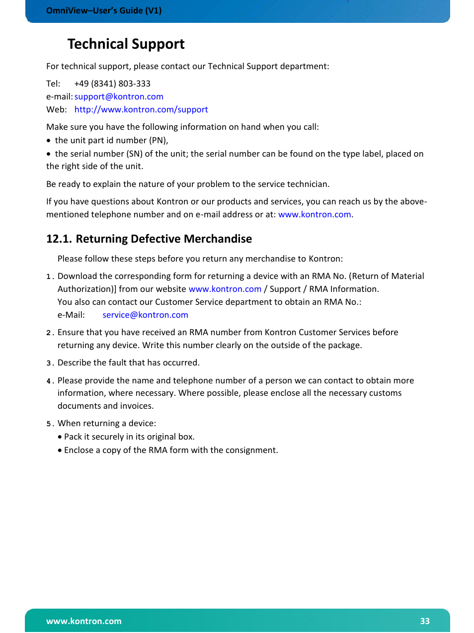 Technical support, Returning defective merchandise | Kontron OmniView User Manual | Page 34 / 35