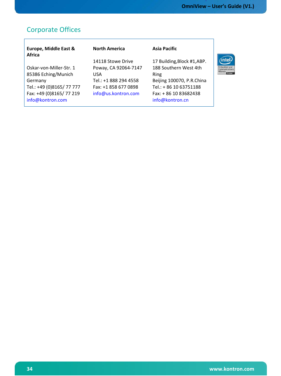 Corporate offices | Kontron OmniView User Manual | Page 35 / 35