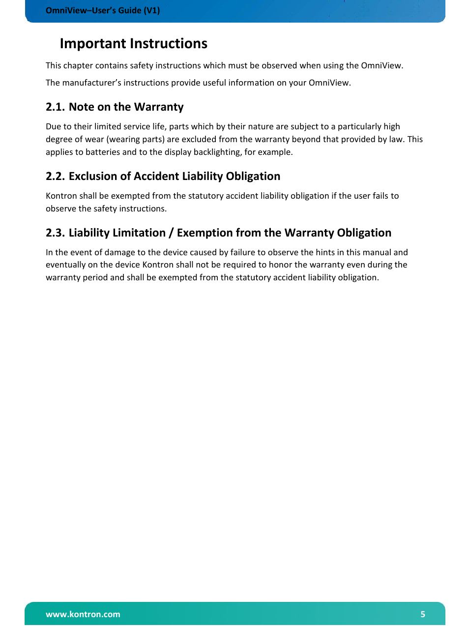 Important instructions, Note on the warranty, Exclusion of accident liability obligation | Kontron OmniView User Manual | Page 6 / 35