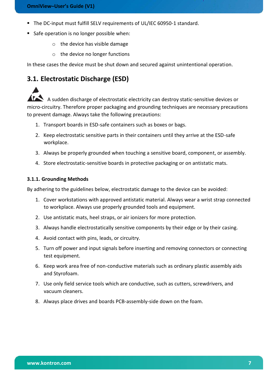 Electrostatic discharge (esd), Grounding methods | Kontron OmniView User Manual | Page 8 / 35