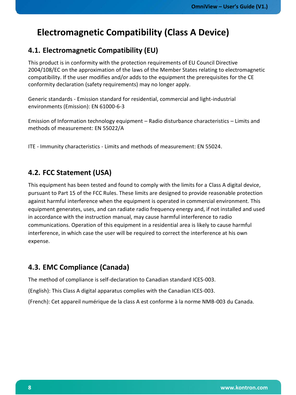 Electromagnetic compatibility (class a device), Electromagnetic compatibility (eu), Fcc statement (usa) | Emc compliance (canada) | Kontron OmniView User Manual | Page 9 / 35