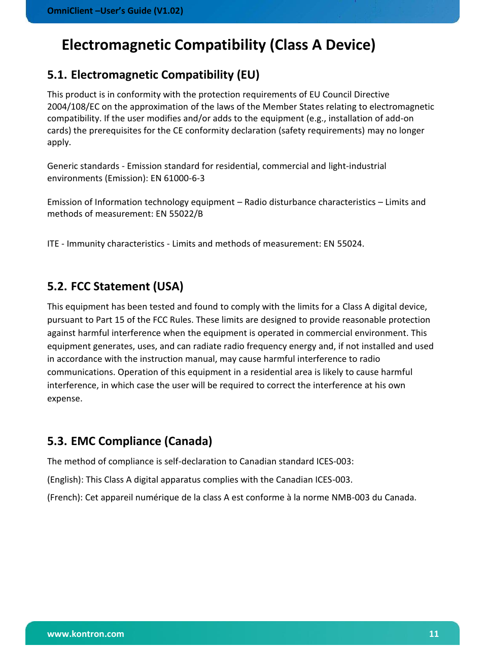 Electromagnetic compatibility (class a device), Electromagnetic compatibility (eu), Fcc statement (usa) | Emc compliance (canada) | Kontron OmniClient User Manual | Page 12 / 54
