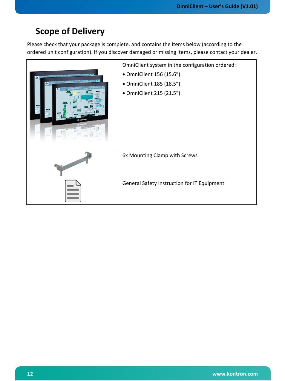 Scope of delivery, Optional parts | Kontron OmniClient User Manual | Page 13 / 54