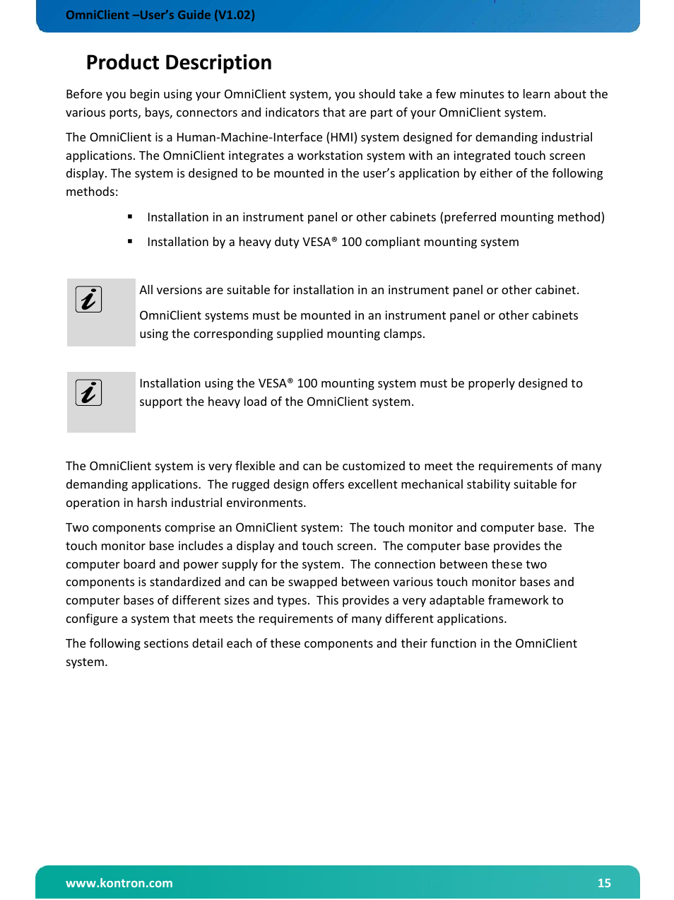 Product description, Omniclient touch monitor base | Kontron OmniClient User Manual | Page 16 / 54