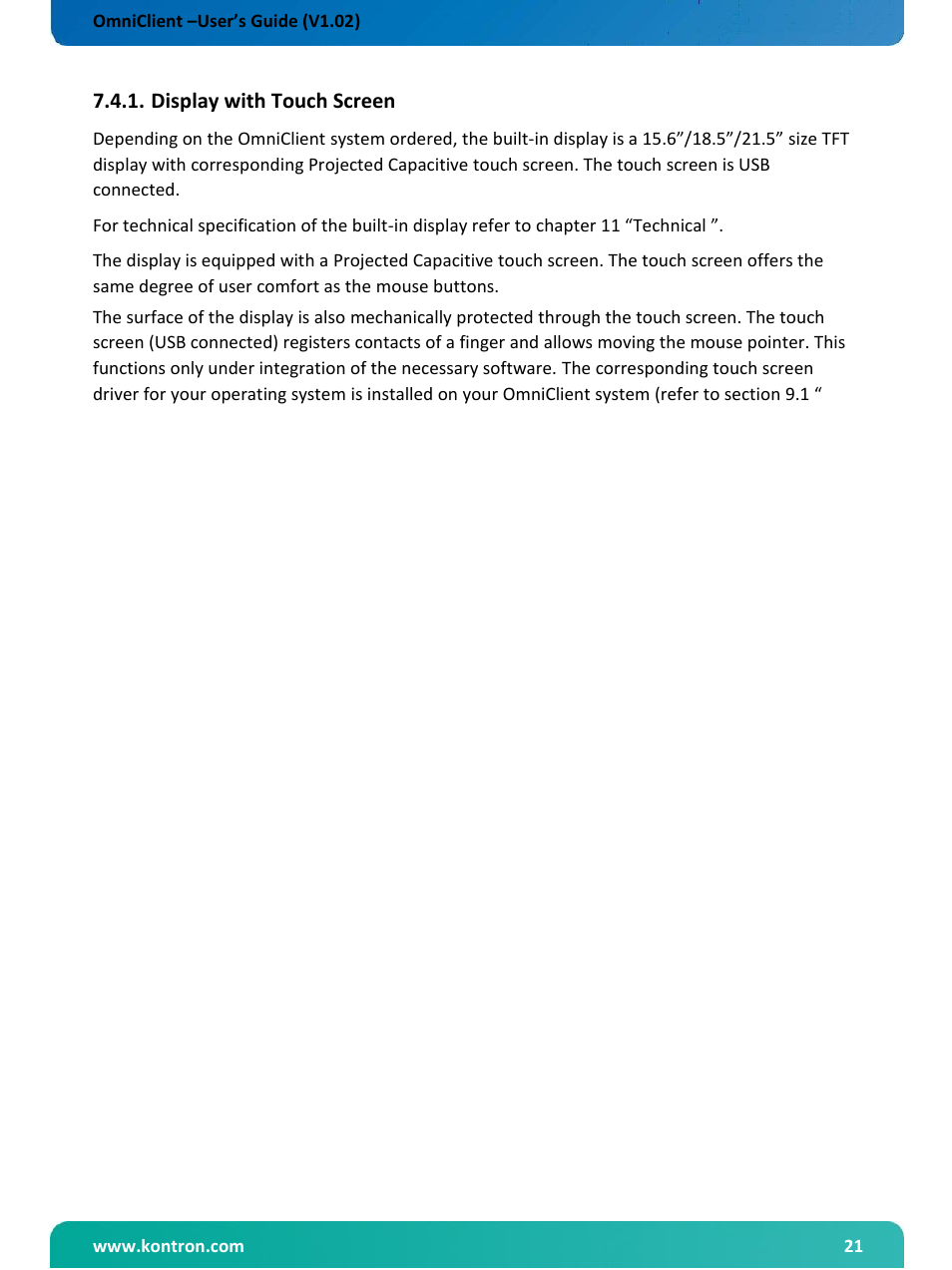 Display with touch screen | Kontron OmniClient User Manual | Page 22 / 54