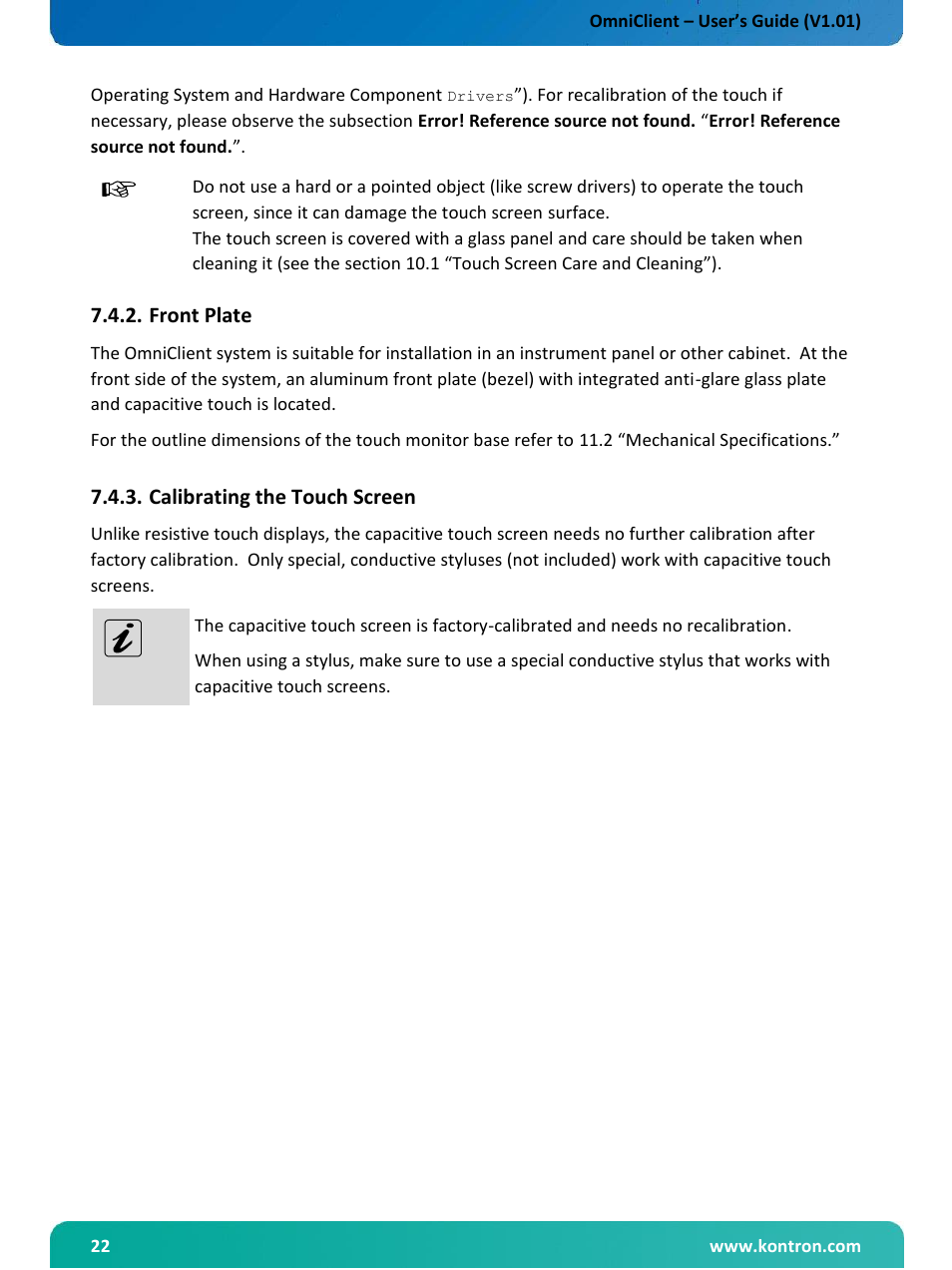 Front plate, Calibrating the touch screen | Kontron OmniClient User Manual | Page 23 / 54