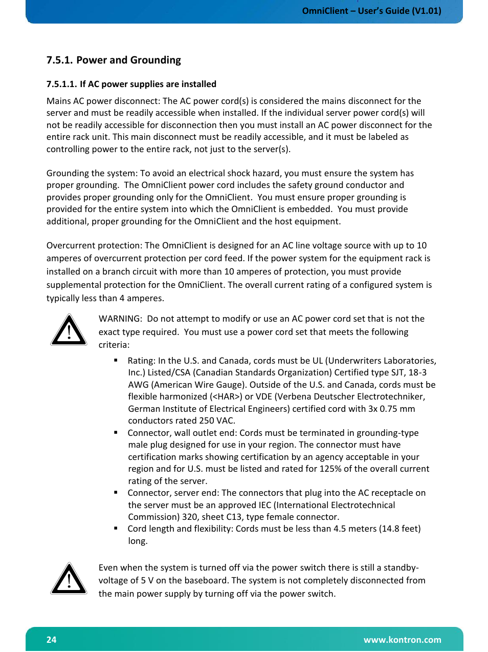 Power and grounding | Kontron OmniClient User Manual | Page 25 / 54