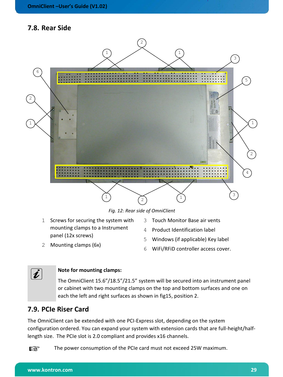 Rear side, Pcie riser card, Fig. 15: rear side of omniclient | Kontron OmniClient User Manual | Page 30 / 54