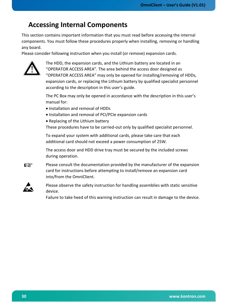 Accessing internal components, Installing/removing the expansion cards | Kontron OmniClient User Manual | Page 31 / 54