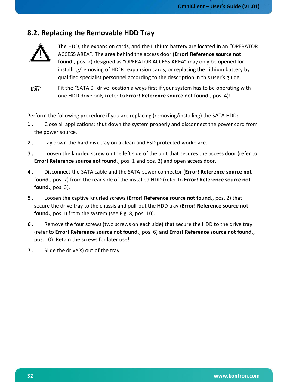 Replacing the lithium battery, Replacing the removable hdd tray | Kontron OmniClient User Manual | Page 33 / 54