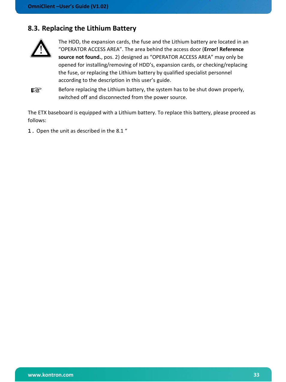 Replacing the lithium battery | Kontron OmniClient User Manual | Page 34 / 54