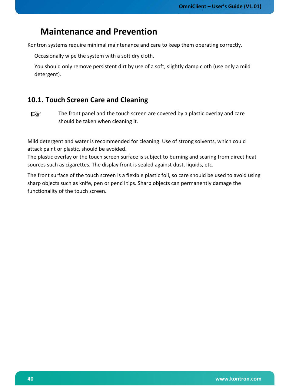 Maintenance and prevention, Touch screen care and cleaning, 1 “touch screen care and cleaning”) | Kontron OmniClient User Manual | Page 41 / 54