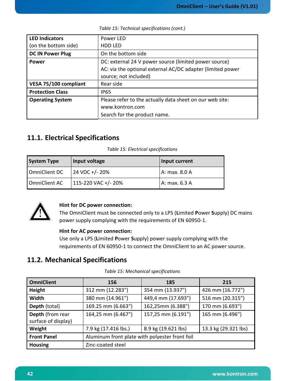 Electrical specifications, Mechanical specifications | Kontron OmniClient User Manual | Page 43 / 54