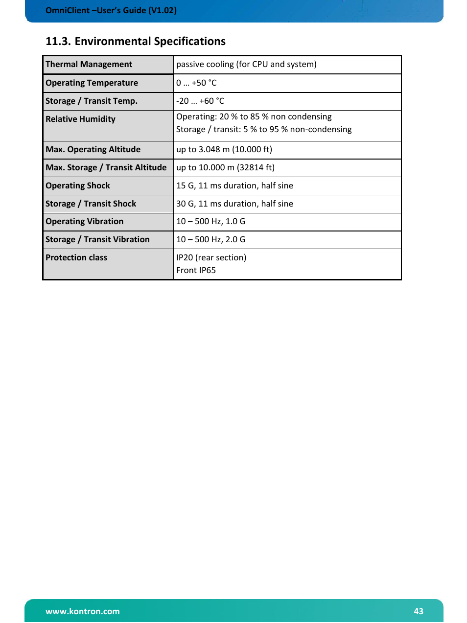 Environmental specifications | Kontron OmniClient User Manual | Page 44 / 54