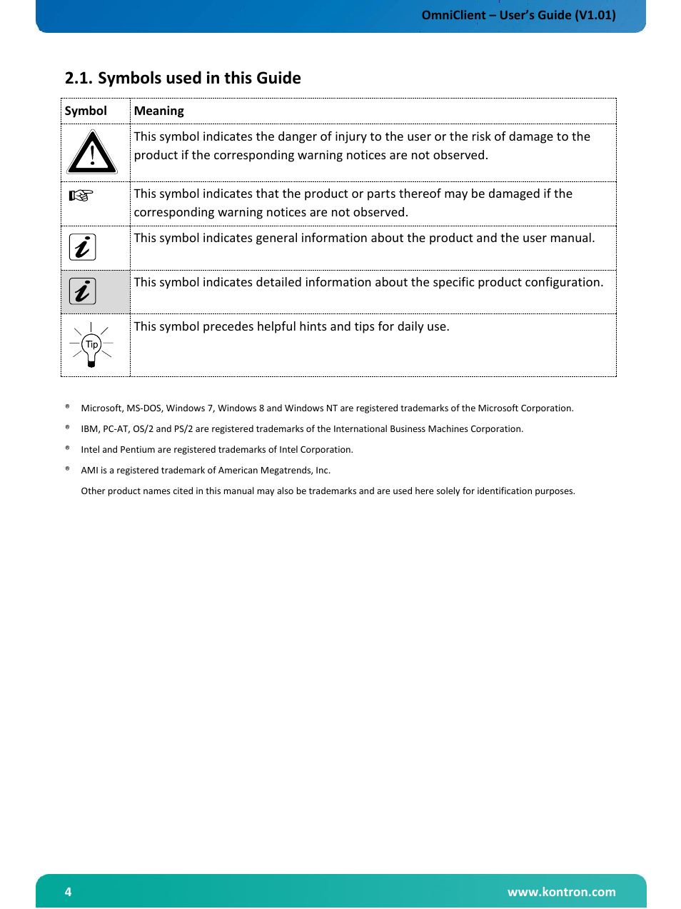 Symbols used in this guide | Kontron OmniClient User Manual | Page 5 / 54