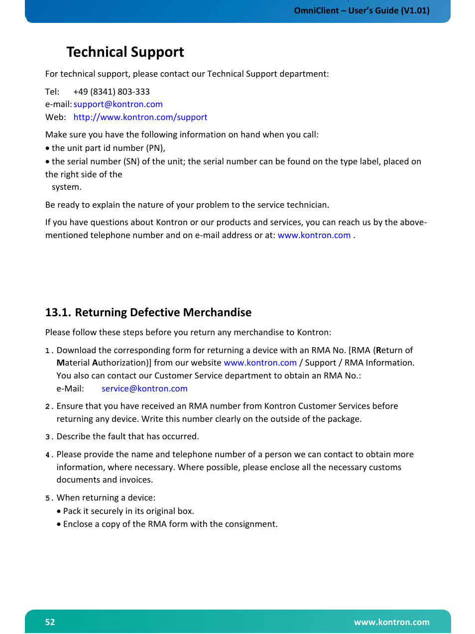 Technical support, Returning defective merchandise | Kontron OmniClient User Manual | Page 53 / 54