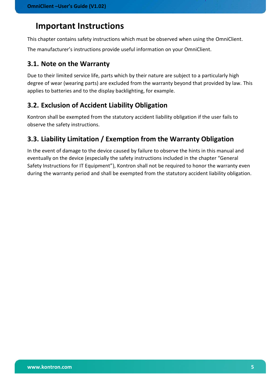 Important instructions, Note on the warranty, Exclusion of accident liability obligation | Kontron OmniClient User Manual | Page 6 / 54