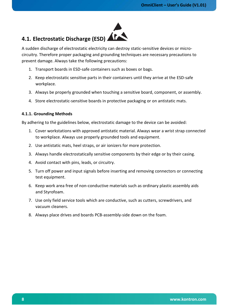 Electrostatic discharge (esd), Grounding methods | Kontron OmniClient User Manual | Page 9 / 54