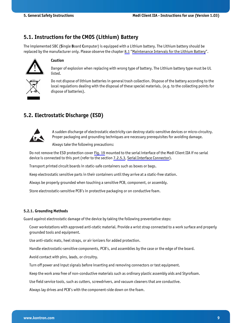 Instructions for the cmos (lithium) battery, Electrostatic discharge (esd), Grounding methods | Kontron Medi Client IIA 104 (EOL) User Manual | Page 11 / 51