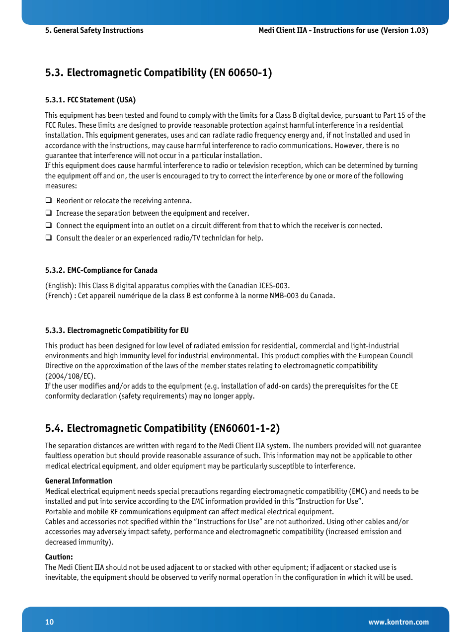 Electromagnetic compatibility (en 60650-1), Fcc statement (usa), Emc-compliance for canada | Electromagnetic compatibility for eu, Electromagnetic compatibility (en60601-1-2) | Kontron Medi Client IIA 104 (EOL) User Manual | Page 12 / 51