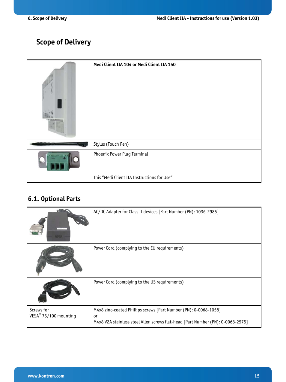 Scope of delivery, Optional parts | Kontron Medi Client IIA 104 (EOL) User Manual | Page 17 / 51