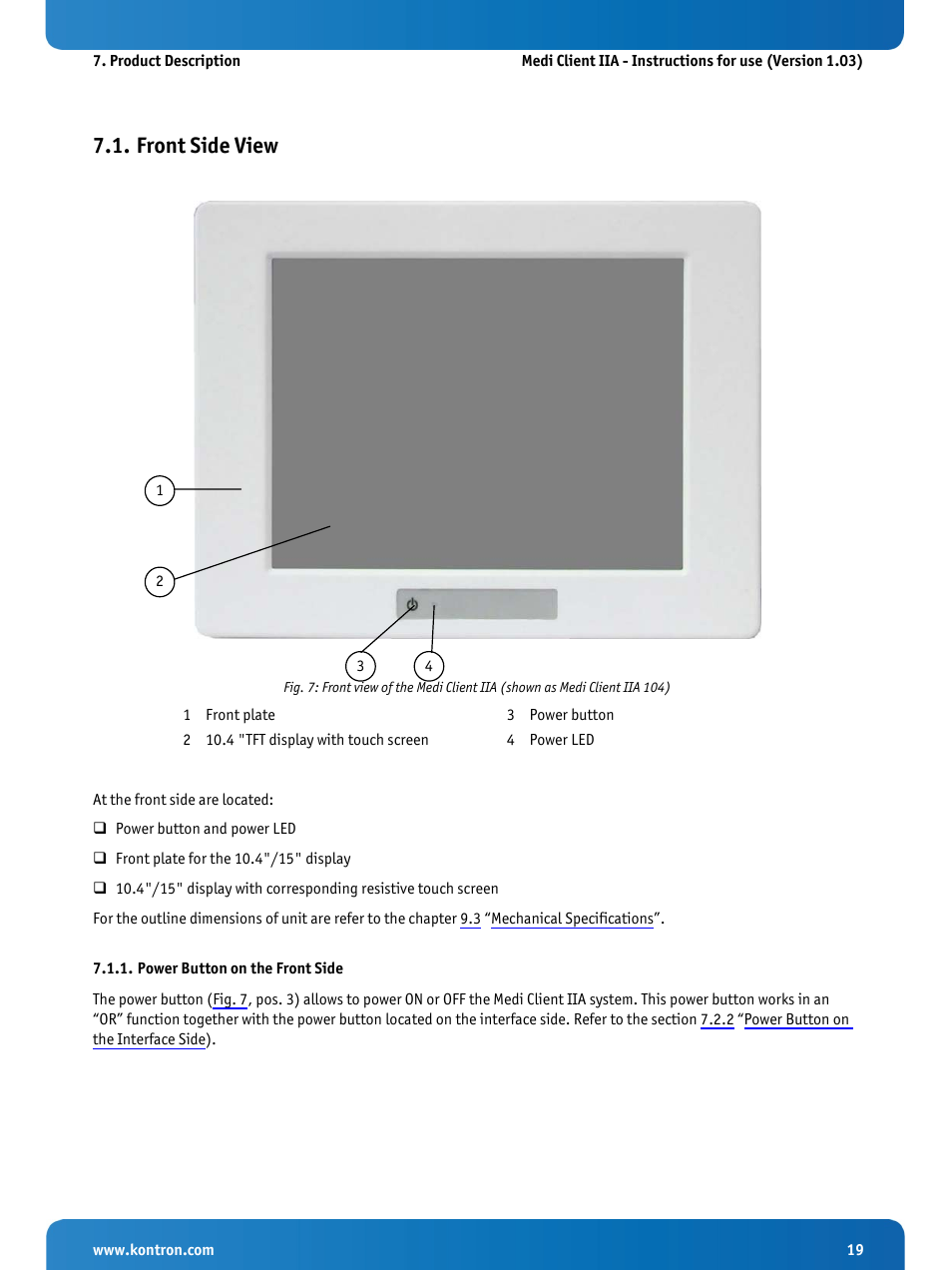 Front side view, Power button on the front side | Kontron Medi Client IIA 104 (EOL) User Manual | Page 21 / 51