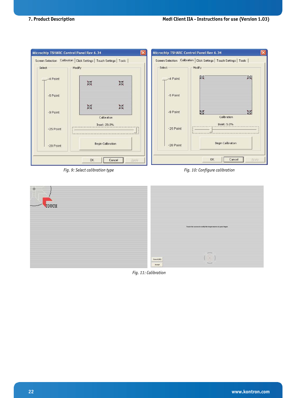 Fig. 9: select calibration type, Fig. 10: configure calibration, Fig. 11: calibration | Kontron Medi Client IIA 104 (EOL) User Manual | Page 24 / 51