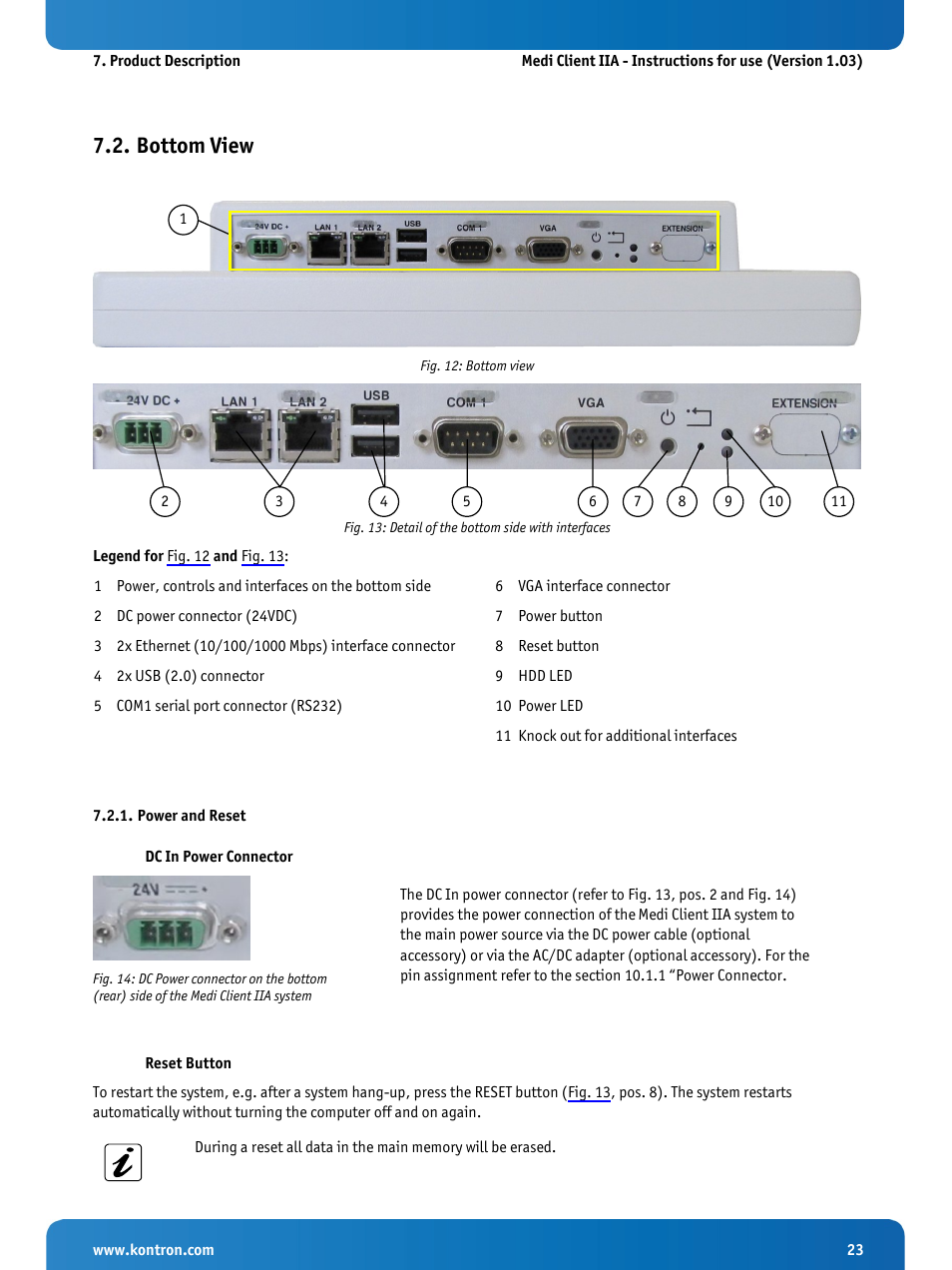 Bottom view, Power and reset, Fig. 12: bottom view | Fig. 13: detail of the bottom side with interfaces, Fig. 13 | Kontron Medi Client IIA 104 (EOL) User Manual | Page 25 / 51
