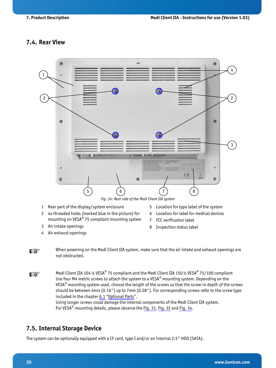 Rear view, Internal storage device, Fig. 24: rear side of the medi client iia system | Kontron Medi Client IIA 104 (EOL) User Manual | Page 32 / 51