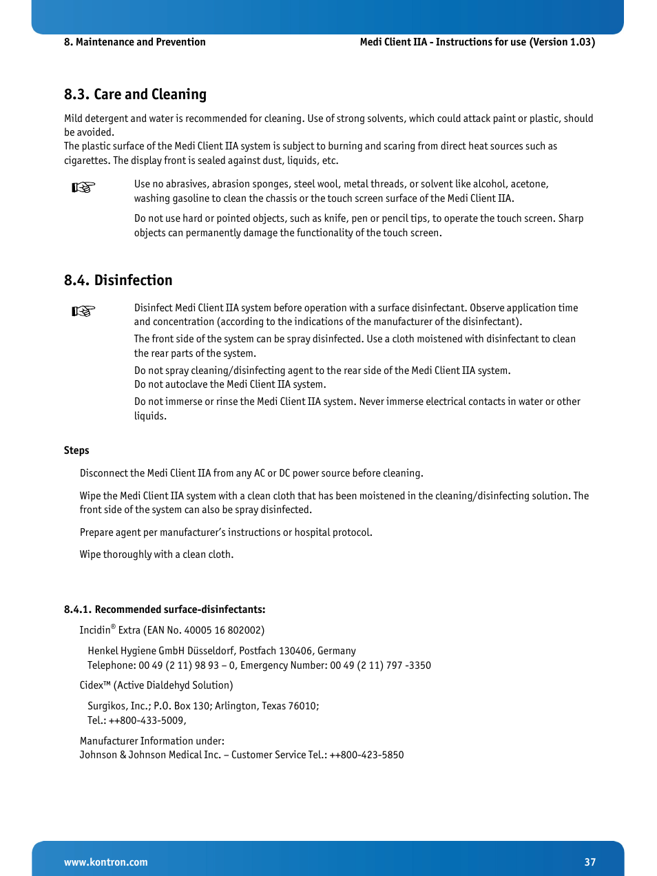 Care and cleaning, Disinfection, Recommended surface-disinfectants | 3 and 8.4 | Kontron Medi Client IIA 104 (EOL) User Manual | Page 39 / 51