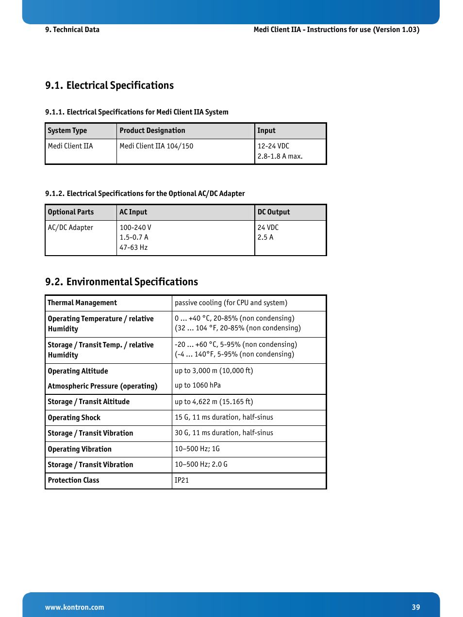 Electrical specifications, Environmental specifications, “environmental specifications | Kontron Medi Client IIA 104 (EOL) User Manual | Page 41 / 51