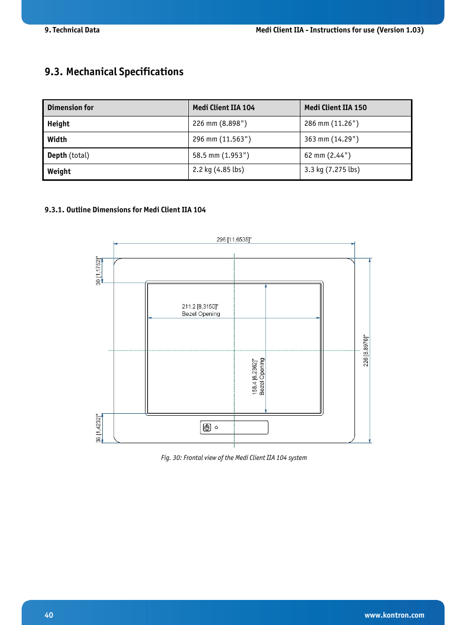 Mechanical specifications, Outline dimensions for medi client iia 104 | Kontron Medi Client IIA 104 (EOL) User Manual | Page 42 / 51