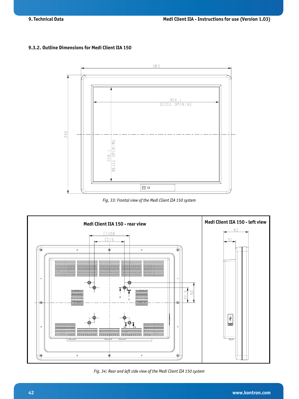 Outline dimensions for medi client iia 150, Er to fig. 34, And fig. 34 | Kontron Medi Client IIA 104 (EOL) User Manual | Page 44 / 51