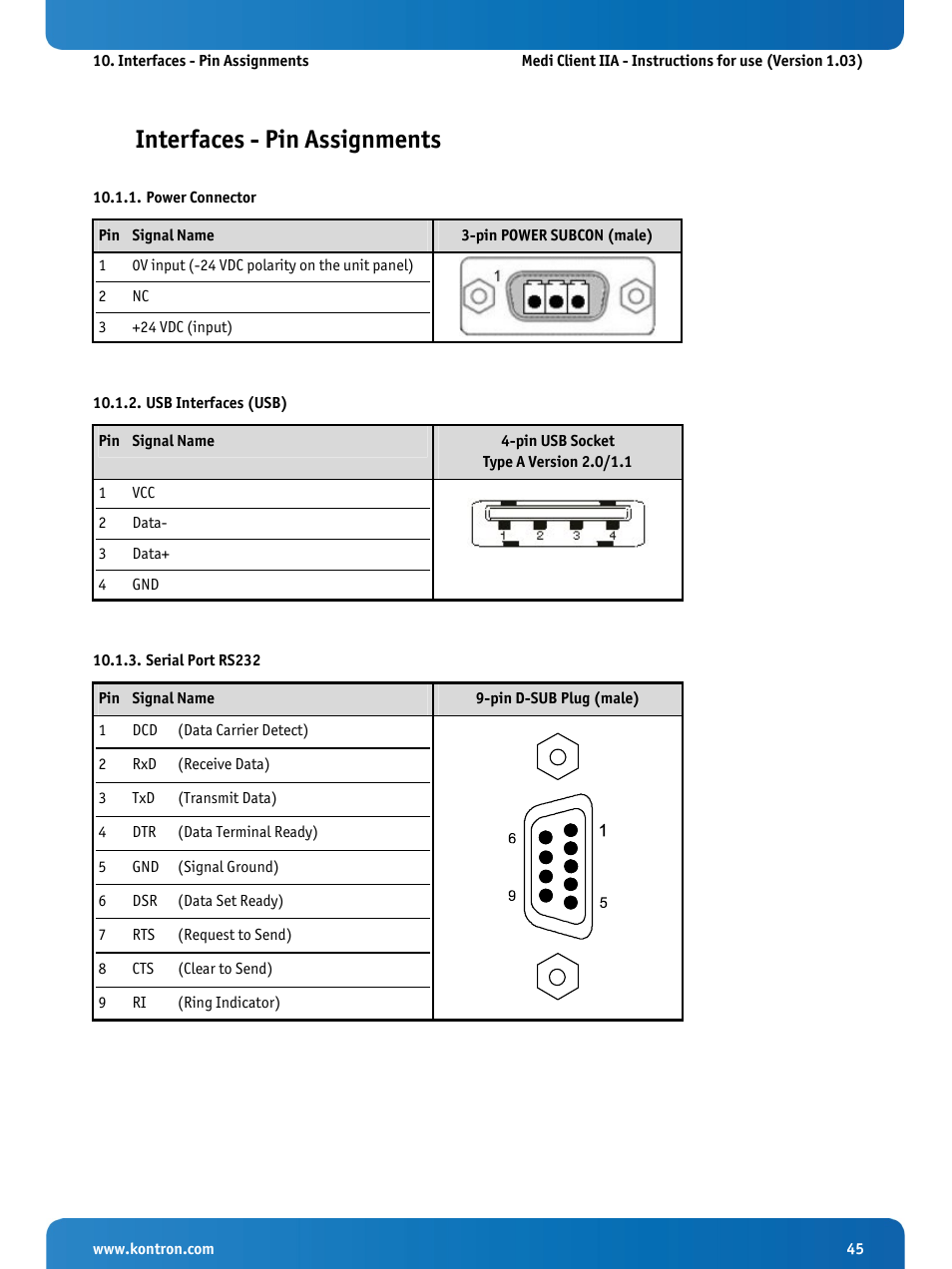 Interfaces - pin assignments, Power connector, Usb interfaces (usb) | Serial port rs232 | Kontron Medi Client IIA 104 (EOL) User Manual | Page 47 / 51