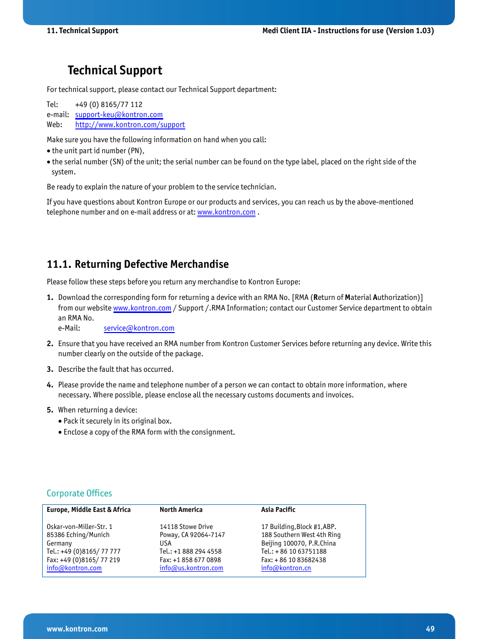 Technical support, Returning defective merchandise | Kontron Medi Client IIA 104 (EOL) User Manual | Page 51 / 51