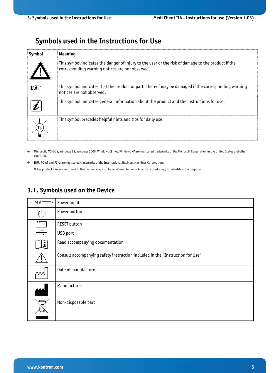 Symbols used in the instructions for use, Symbols used on the device | Kontron Medi Client IIA 104 (EOL) User Manual | Page 7 / 51