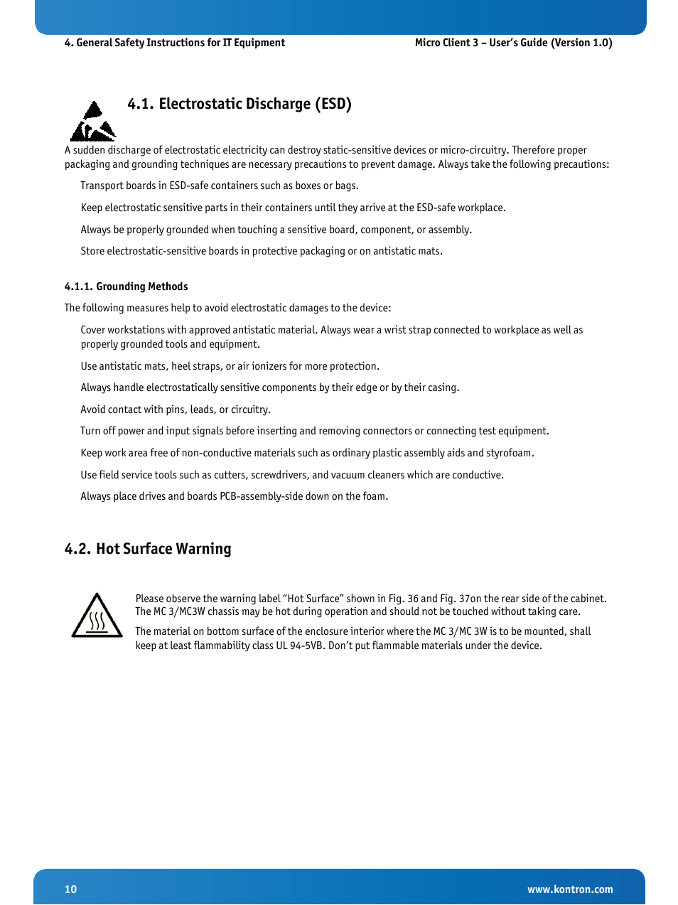 Electrostatic discharge (esd), Grounding methods, Hot surface warning | Kontron Micro Client 3 104 User Manual | Page 12 / 63