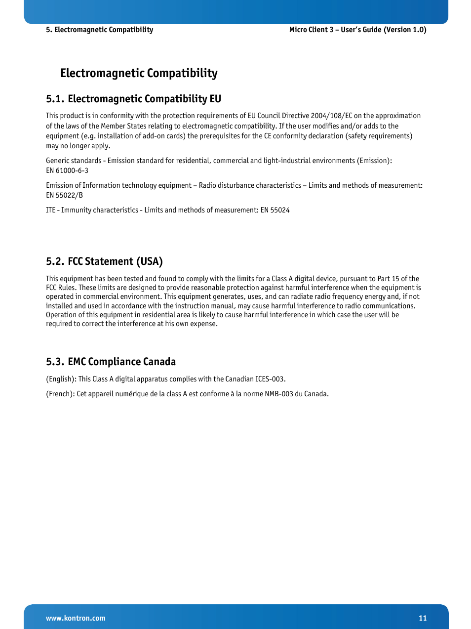 Electromagnetic compatibility, Electromagnetic compatibility eu, Fcc statement (usa) | Emc compliance canada | Kontron Micro Client 3 104 User Manual | Page 13 / 63