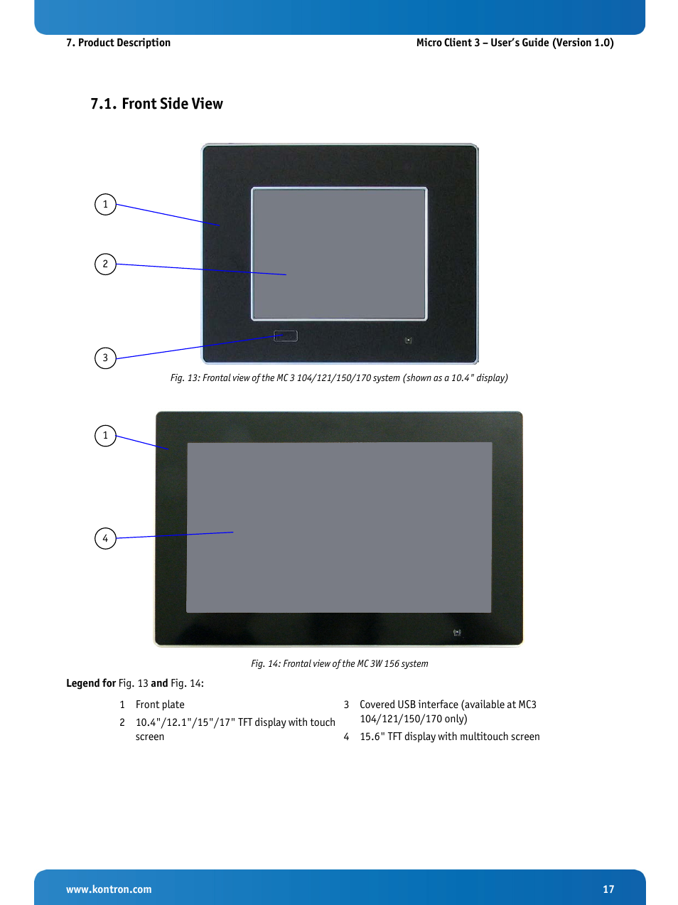 Front side view, Fig. 14: frontal view of the mc 3w 156 system | Kontron Micro Client 3 104 User Manual | Page 19 / 63