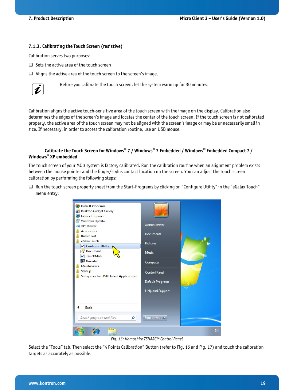 Calibrating the touch screen (resistive), Fig. 15: hampshire tsharc™ control panel | Kontron Micro Client 3 104 User Manual | Page 21 / 63