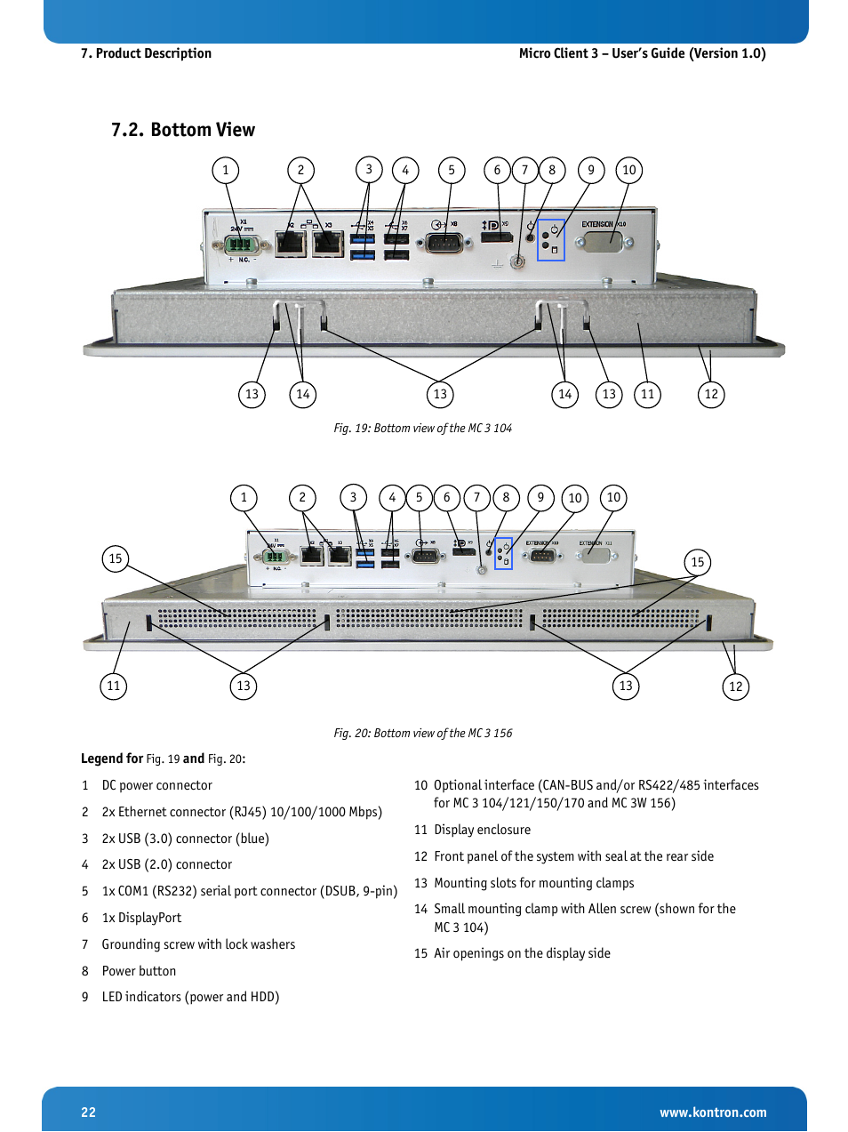 Bottom view, Fig. 19: bottom view of the mc 3 104, Fig. 20: bottom view of the mc 3 156 | Kontron Micro Client 3 104 User Manual | Page 24 / 63