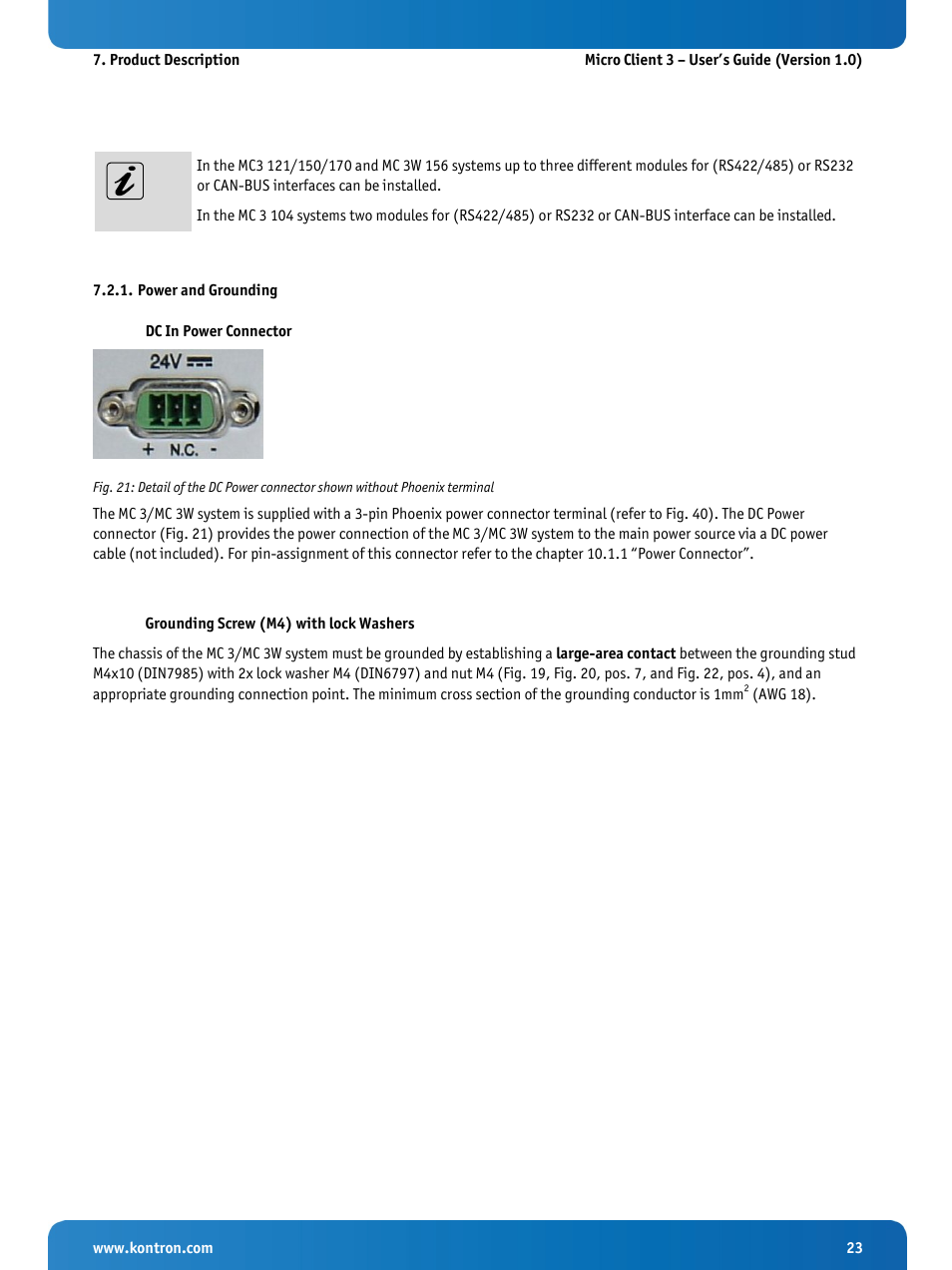 Power and grounding, Dc in power connector, Grounding screw (m4) with lock washers | Kontron Micro Client 3 104 User Manual | Page 25 / 63