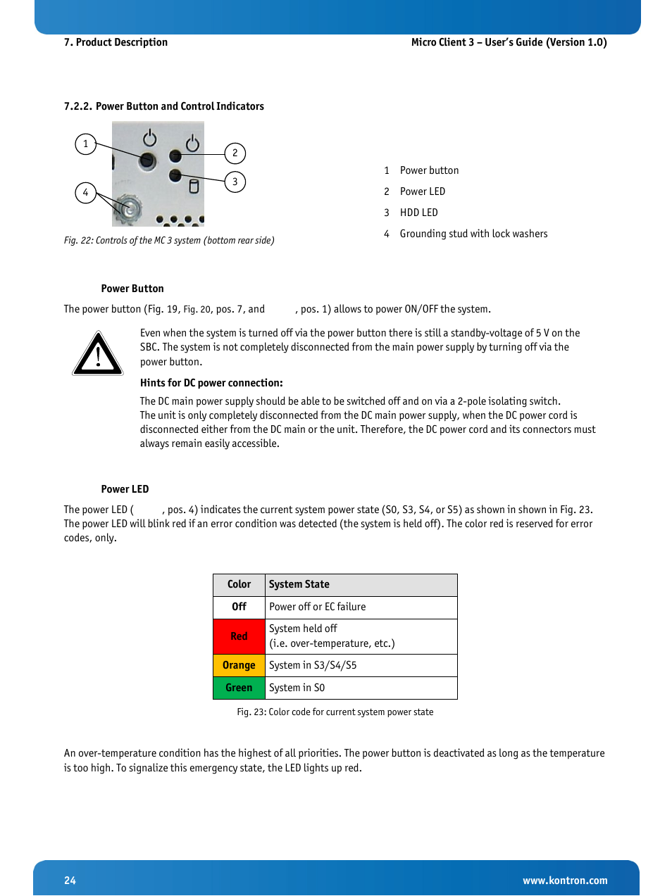 Power button and control indicators, Power button, Power led | Fig. 23: color code for current system power state, D fig. 22 | Kontron Micro Client 3 104 User Manual | Page 26 / 63