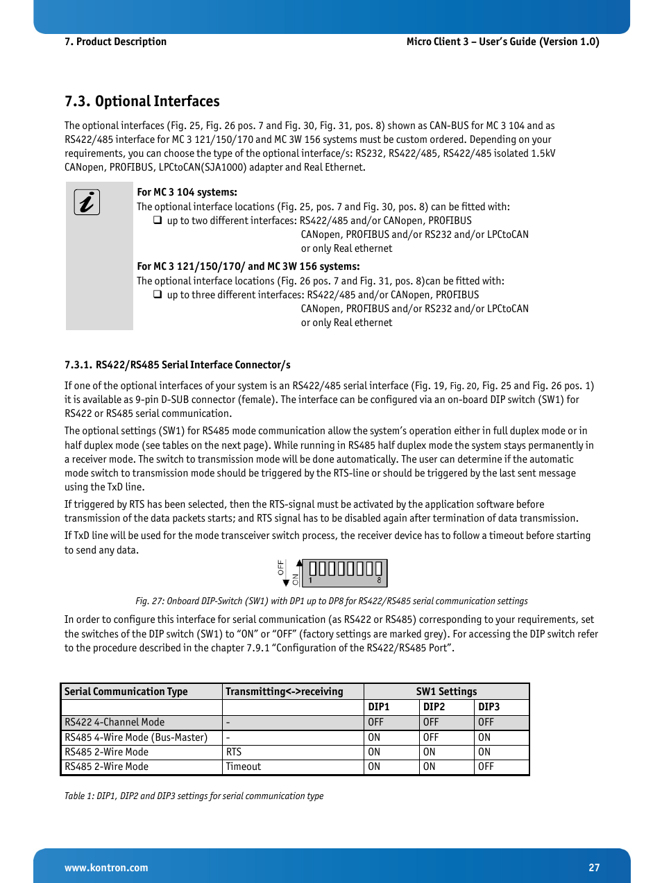 Optional interfaces, Rs422/rs485 serial interface connector/s | Kontron Micro Client 3 104 User Manual | Page 29 / 63