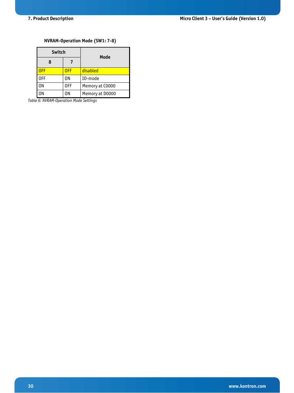 Nvram-operation mode (sw1: 7-8), Table 6: nvram-operation mode settings | Kontron Micro Client 3 104 User Manual | Page 32 / 63