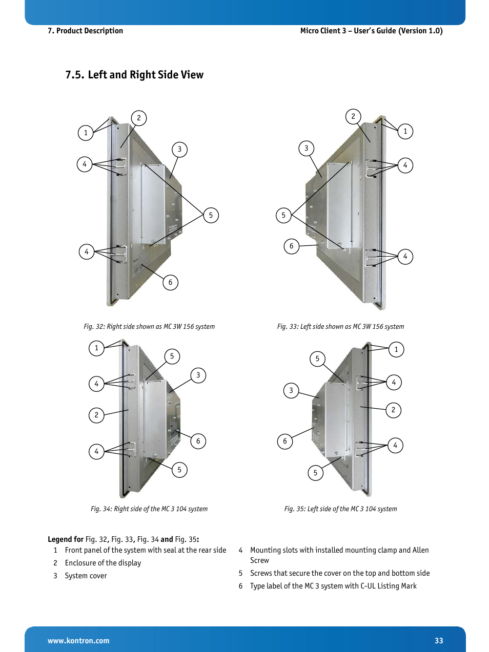 Left and right side view, Fig. 32: right side shown as mc 3w 156 system, Fig. 33: left side shown as mc 3w 156 system | Fig. 34: right side of the mc 3 104 system, Fig. 35: left side of the mc 3 104 system | Kontron Micro Client 3 104 User Manual | Page 35 / 63