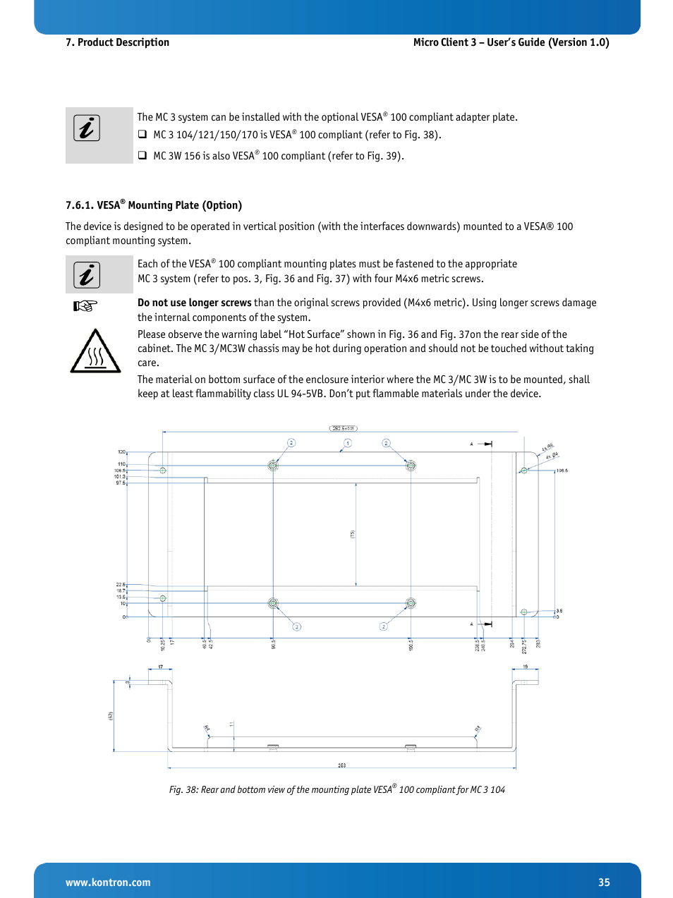 Vesa® mounting plate (option), Vesa, Mounting plate (option) | 100 compliant for mc 3 104, 1 “vesa | Kontron Micro Client 3 104 User Manual | Page 37 / 63